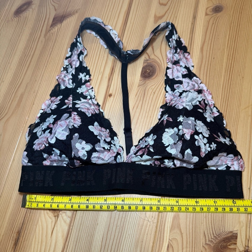 VS PINK Triangle Lace Bralette Black and Pink and White Floral Lace - Picture 4 of 4